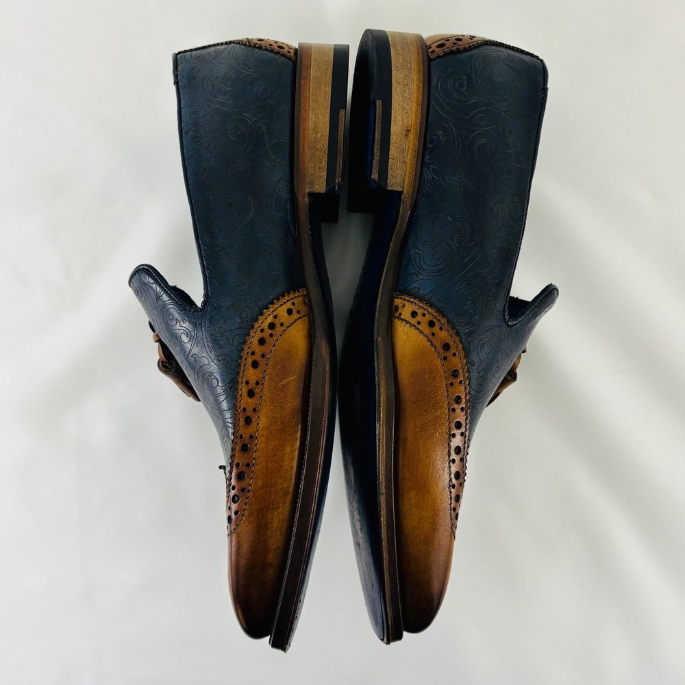 Emilio Franco Navy Blue Paisley Cognac Leather Tassel Wingtip Loafers Italy Sz 7 - Picture 7 of 13